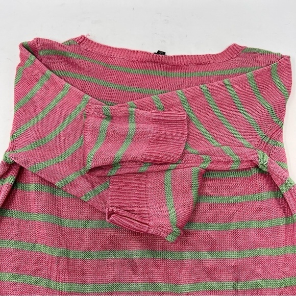 Talbots Pink Green Stripes Linen Crew Neck Sweater Top Sz L Pullover Lightweight - Picture 11 of 12